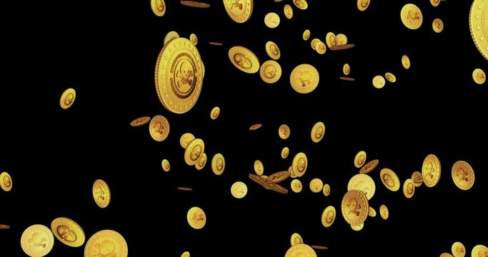 Piracy skull haking symbol, cyber attack and crime gold coin falling. Loopable digital background. 3D seamless loop concept blockchain technology. Rotating golden rain looping abstract.