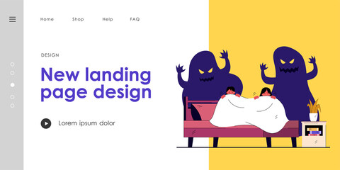 Cartoon little children afraid of ghosts in darkness. Flat vector illustration. Kids trembling and hiding under covers from scary ghost shadows on wall behind. Childhood, fear, mystery concept