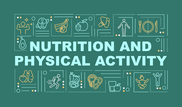 Diet and physical activity word concepts green banner. Infographics with linear icons on background. Isolated typography. Vector outline color illustration with text. Arial-Black font used