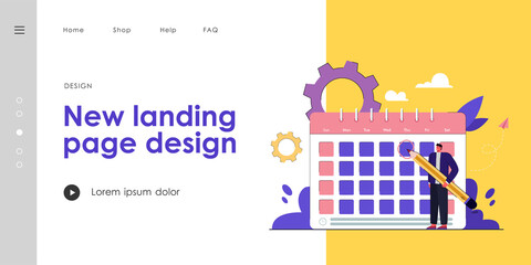 Obraz premium Tiny man in front of giant calendar cartoon vector illustration. Person checking schedule, events, meetings, agendas and deadlines with huge pencil. Organizing, time management, planning concept