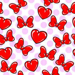 Red hearts and bow ties seamless vector pattern on white background with pink polka dots.