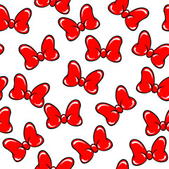 Red bow tie seamless vector pattern on white background.