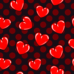 Red shiny hearts seamless vector pattern on dark red polka dots background.
