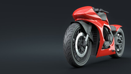 Red motorcycle on a dark background with copy space for text. Modern high-speed transport. Sport bike concept. Sci-fi superbike.  3D illustration