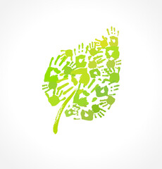 Green leaf made of handprint. Eco concept for your design.