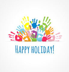 Fototapeta premium Semicircle of the handprints. Bright holiday background.