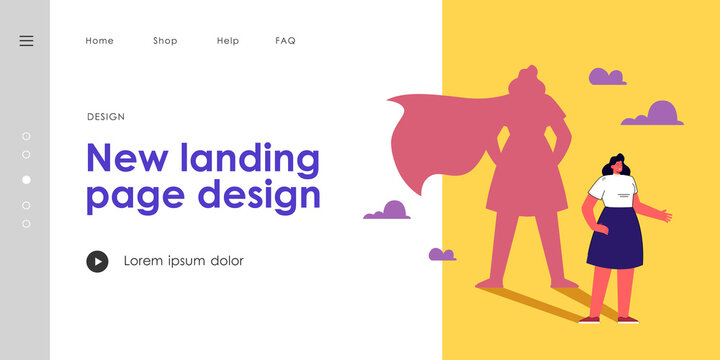 Happy brave woman with super hero shadow. Strong successful female leader flat vector illustration. Feminism, strong women, leadership concept for banner, website design or landing web page