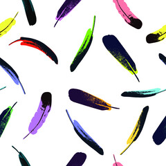 Vector seamless pattern of colorful feathers on white background.