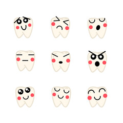 Set of bright human teeths with cute faces, medical icons on white