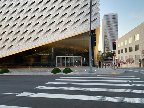 LOS ANGELES, CA, FEB 2021: Entrance to The Broad art museum in Downtown with pedestrian crosswalk in front