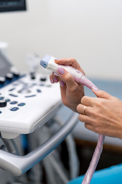 Ultrasound machine, ultrasonography. Medical equipment, healthcare concept. Selective focus