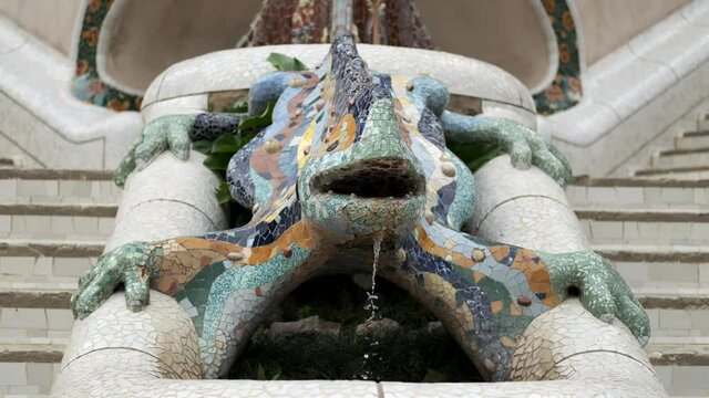 Mosaic lizard or salamander fountain in Park Guell. Barcelona. Spain