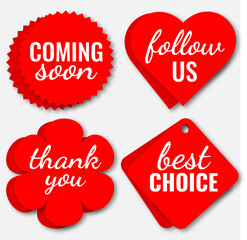 Red stickers. Paper sticker set, badges vector templates. Follow us. Thank you. Coming soon. Best choice	
