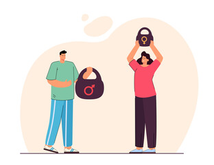 People holding weight with symbols for man and woman. Both sexes competing in strength flat vector illustration. Competition, family relationship concept for banner, website design or landing web page