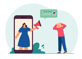 Tiny woman standing near phone with client sending negative review. Female character angry with bad comment flat vector illustration. Review app concept for banner, website design or landing web page