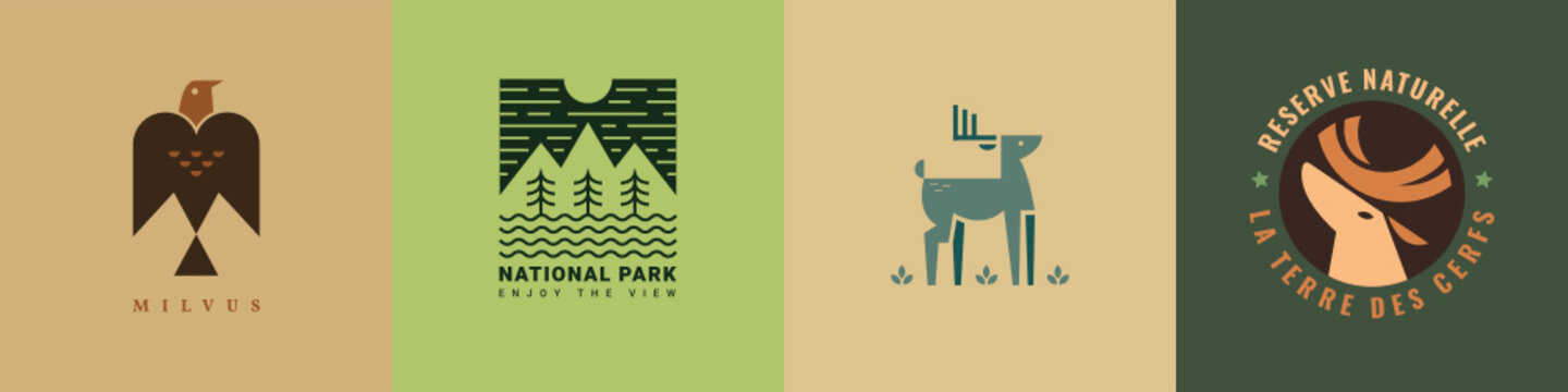 set of 4 logos for nature reserves or associations concerned with animals and the environment. vector design of deer, eagle and national park. 