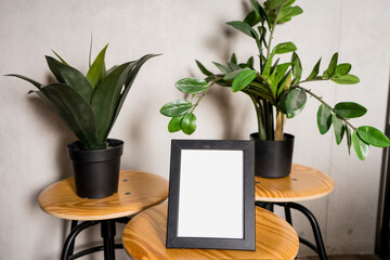 Black design room with mock up photo frame,tropical leaf and office accessories. Modern and stylish...