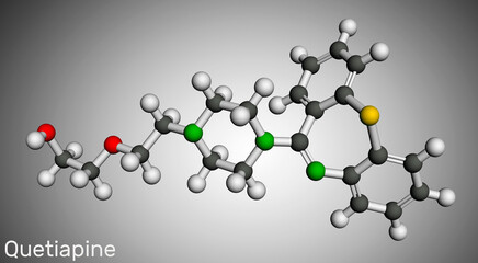 Quetiapine molecule. It is neuroleptic, atypical antipsychotic medication for the treatment of schizophrenia, bipolar disorder. Molecular model. 3D rendering