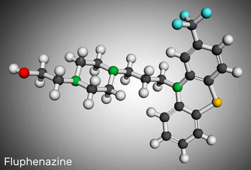 Fluphenazine molecule. It is is a phenothiazine, neuroleptic, antipsychotic medication, used in the treatment of psychoses. Molecular model. 3D rendering