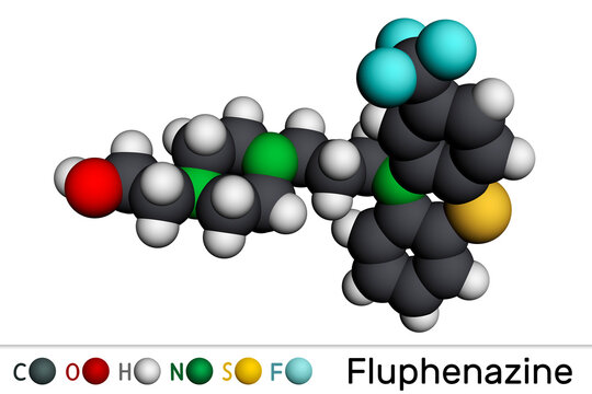 Fluphenazine molecule. It is is a phenothiazine, neuroleptic, antipsychotic medication, used in the treatment of psychoses. Molecular model. 3D rendering