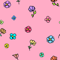 Vector hand drawn seamless pattern of cute colorful flowers on pink background.