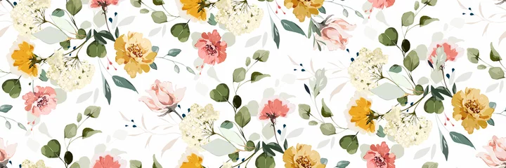 Wallpaper murals Vintage Flowers botanical floral seamless pattern with roses, herbs and leaves. Background with flowers