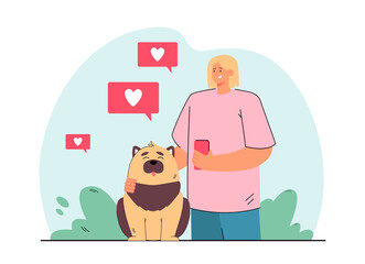 Cheerful girl with cute dog getting like notifications. Woman posting pictures of puppy online flat vector illustration. Pets, social media concept for banner, website design or landing web page