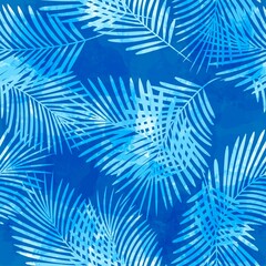 Tropical pattern, Exotic print, blue watercolor palm leaves seamless vector background.  Leaves of palm tree, jungle print on brush stains
