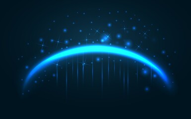 Magic neon blue arc. 3d realistic lighten arch. Fairy curve shiny line with sparkles stars and glitter. Curved luminous neon line with flying lights on a dark background. Vector card illustration