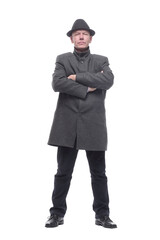 intelligent man in a hat and autumn coat. isolated on a white background.