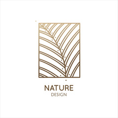 Tropical plant logo. Outline emblem structure of leaf in rectangle. Vector abstract badge for design - natural product, flower shop, cosmetics, ecology concepts, health, spa, beauty salon and yoga