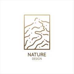 Abstract mountain logo. Natrural minimalistic landscape icon with topographic structure. Vector pattern with wavy lines. Ornamental rectangular emblem. Geologic and mineral industry, travel, cosmetics