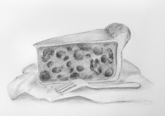 Illustration of pie slice. Cake portion. Sweet. Bakery. Black and white design.