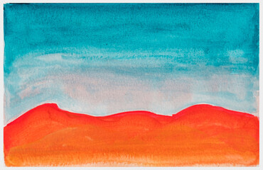 Landscape illustration with dunes. Watercolors. Empty outdoor. Orange land and blue sky. Coloful