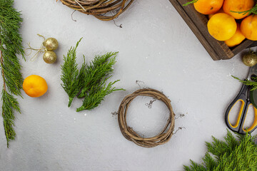 Handmade Christmas crafts, wreath making. View from above