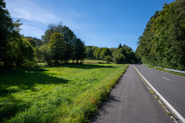 a country road on a sunny afternoon with light backlight with light and shadow play of the trees on the asphalt