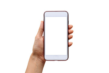 Woman or man hand holds smartphone with white screen on white background. blank screen to put it on your own webpage or message