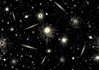 Bright yellow shiny stars and galaxies seamless vector pattern on black background.