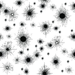 Bright yellow shiny stars and galaxies seamless vector pattern on black background.