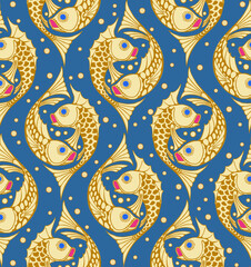 Golden fish Pisces sign seamless vector pattern on navy blue background.