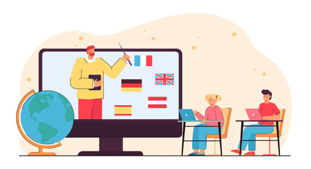 Pupils sitting in front of screen with teacher and countries flags on it. Foreign languages or geography lesson flat vector illustration. Education concept for banner, website design, landing web page