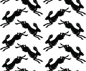 Racing black hare seamless vector pattern on white background.
