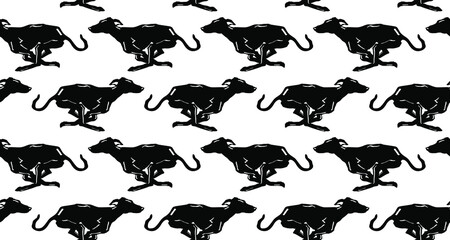 Racing black greyhound dog seamless vector pattern on white background.