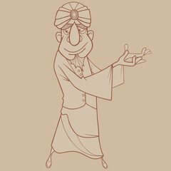 Sketch of a cartoon man in the clothes of a fairy sultan