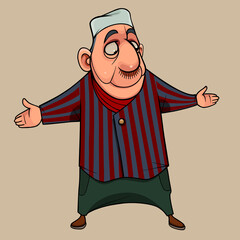 cartoon man in a fez hat spreads his arms in surprise