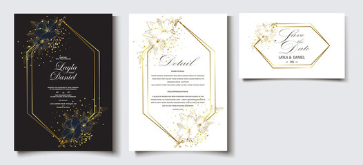 Fototapeta na wymiar Wedding floral invitation, thank you modern card: rosemary, eucalyptus branches on white marble texture with a golden geometric pattern. Elegant rustic template. All elements are isolated and editable