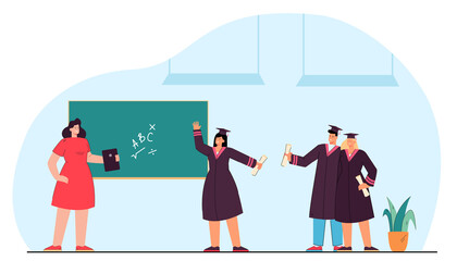 Graduating students and lecturer standing near blackboard. Happy former students visiting their teacher flat vector illustration. Education concept for banner, website design or landing web page