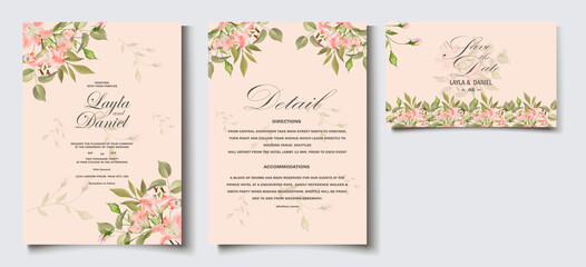 Set of card with flower rose, leaves. Wedding ornament concept. Floral poster, invite. Vector decorative greeting card, invitation design background
