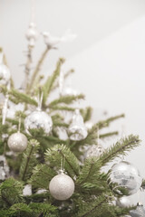 Fototapeta na wymiar christmas tree and decorations | modern winter interior design | winter decor ideas