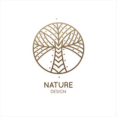Tropical plant logo. Palm tree with leafs in linear style. Round outline emblem. Vector abstract badge for design of natural product, flower shop, cosmetics, ecology concepts, health, spa, yoga.